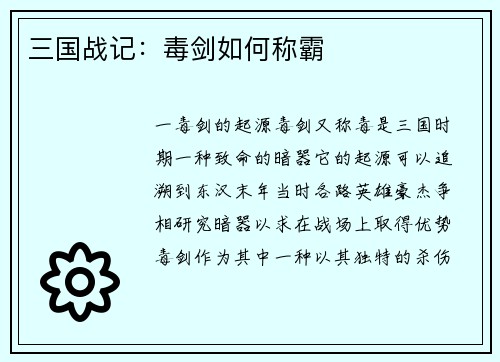 三国战记：毒剑如何称霸